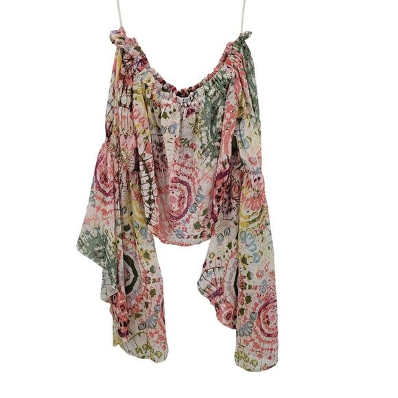 Sheer Floral Off-The-Shoulder Crop Top Angel Sleeves Sz XL Boho Festival India - Picture 2 of 7